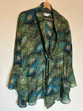 Vtg Allison Taylor Tie Neck Blouse 1X Flowy Bell Sleeve Peacock Y2K Fairy Boho